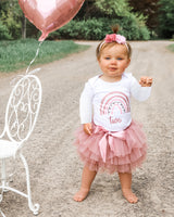 Rainbow Rose 2nd Birthday Outfit for Girls – Long Sleeve Bodysuit, Layered Tutu Skirt & Floral Headband Set