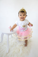 Pink & Gold Crown 2nd Birthday Outfit for Girls – Short Sleeve Bodysuit, Tutu Skirt & Tiara Headband Set