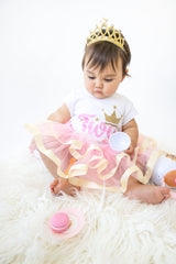 Pink & Gold Crown 2nd Birthday Outfit for Girls – Short Sleeve Bodysuit, Tutu Skirt & Tiara Headband Set