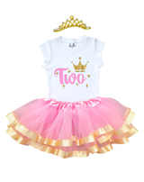Pink & Gold Crown 2nd Birthday Outfit for Girls – Short Sleeve Bodysuit, Tutu Skirt & Tiara Headband Set