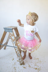 Pink & Gold Crown 2nd Birthday Outfit for Girls – Short Sleeve Bodysuit, Tutu Skirt & Tiara Headband Set