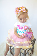 Two Sweet 2nd Birthday Outfit for Girls – Short Sleeve Bodysuit, Pink & Gold Tutu Skirt & Bow Headband Set