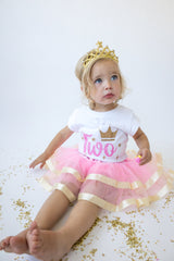 Pink & Gold Crown 2nd Birthday Outfit for Girls – Short Sleeve Bodysuit, Tutu Skirt & Tiara Headband Set