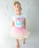 Four Ever Sweet Teal 4th Birthday Outfit for Girls – Short Sleeve Bodysuit, Pink & Gold Tutu Skirt & Bow Headband Set