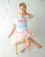 Four Ever Sweet Teal 4th Birthday Outfit for Girls – Short Sleeve Bodysuit, Pink & Gold Tutu Skirt & Bow Headband Set
