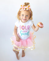Four Ever Sweet Teal 4th Birthday Outfit for Girls – Short Sleeve Bodysuit, Pink & Gold Tutu Skirt & Bow Headband Set