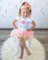 Four Ever Sweet Teal 4th Birthday Outfit for Girls – Short Sleeve Bodysuit, Pink & Gold Tutu Skirt & Bow Headband Set