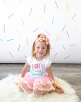 Four Ever Sweet Teal 4th Birthday Outfit for Girls – Short Sleeve Bodysuit, Pink & Gold Tutu Skirt & Bow Headband Set