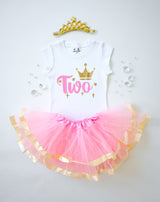 1st First 2nd Second Birthday Party Outfit- Baby Girl Pink Gold Silver Princess Tutu Set and Crown 2nd Birthday Gold Crown Short Sleeve