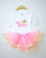 Pink & Gold Crown 2nd Birthday Outfit for Girls – Short Sleeve Bodysuit, Tutu Skirt & Tiara Headband Set