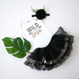 Wild One 1st Birthday Outfit for Girls – Short Sleeve Bodysuit, Leopard Tutu Skirt & Headband Set