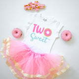 Two Sweet 2nd Birthday Outfit for Girls – Short Sleeve Bodysuit, Pink & Gold Tutu Skirt & Bow Headband Set