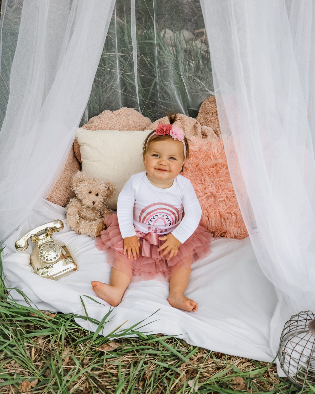 Luke and Lulu 1st First Birthday Baby Girl Tutu Outfit - Onederful - Rainbow Rose Boho Chic - 9M Long Sleeve