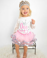 Winter Onederland 1st Birthday Outfit for Girls – Lace Long Sleeve Bodysuit, Pink & Silver Tutu Skirt & Tiara Set