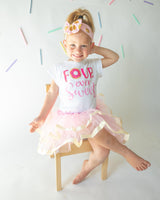 Four Ever Sweet Pink 4th Birthday Outfit for Girls – Short Sleeve Bodysuit, Pink & Gold Tutu Skirt & Bow Headband Set