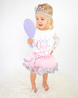 Winter Onederland 1st Birthday Outfit for Girls – Lace Long Sleeve Bodysuit, Pink & Silver Tutu Skirt & Tiara Set