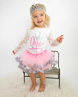 Winter Onederland 1st Birthday Outfit for Girls – Lace Long Sleeve Bodysuit, Pink & Silver Tutu Skirt & Tiara Set