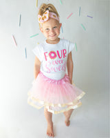 Four Ever Sweet Pink 4th Birthday Outfit for Girls – Short Sleeve Bodysuit, Pink & Gold Tutu Skirt & Bow Headband Set