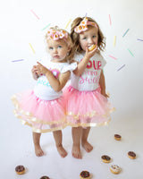 Four Ever Sweet Pink 4th Birthday Outfit for Girls – Short Sleeve Bodysuit, Pink & Gold Tutu Skirt & Bow Headband Set