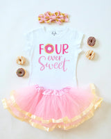 Four Ever Sweet Pink 4th Birthday Outfit for Girls – Short Sleeve Bodysuit, Pink & Gold Tutu Skirt & Bow Headband Set