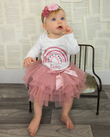 Rainbow Rose 2nd Birthday Outfit for Girls – Long Sleeve Bodysuit, Layered Tutu Skirt & Floral Headband Set
