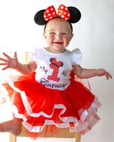 Minnie Red 1st Birthday Outfit for Girls – Short Sleeve Bodysuit, Red Tutu Skirt & Mouse Ear Headband Set