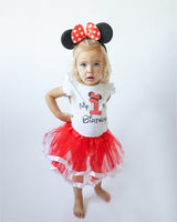 Minnie Red 1st Birthday Outfit for Girls – Short Sleeve Bodysuit, Red Tutu Skirt & Mouse Ear Headband Set