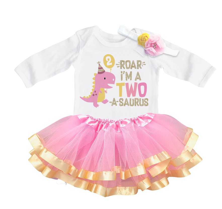 Luke and Lulu 2 Year Old Girl Dinosaur Birthday Outfit - Two Rex Pink Gold Dress with Headband for Toddlers