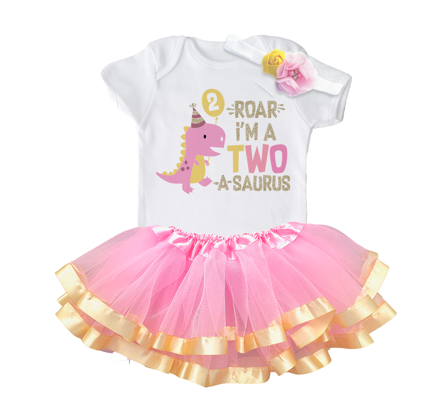 Luke and Lulu 2 Year Old Girl Dinosaur Birthday Outfit - Two Rex Pink Gold Dress with Headband for Toddlers