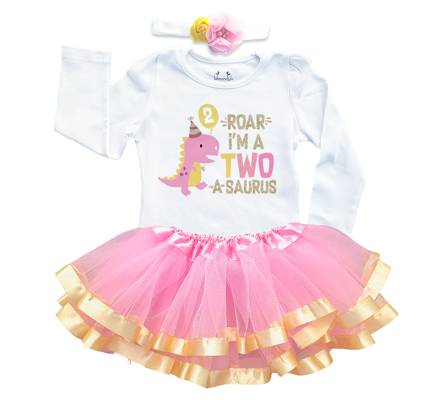 Luke and Lulu 2 Year Old Girl Dinosaur Birthday Outfit - Two Rex Pink Gold Dress with Headband for Toddlers