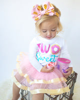 Two Sweet 2nd Birthday Outfit for Girls – Long Sleeve Bodysuit, Pink & Gold Tutu Skirt & Bow Headband Set