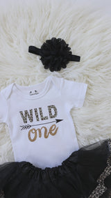 Wild One 1st Birthday Outfit for Girls – Short Sleeve Bodysuit, Leopard Tutu Skirt & Headband Set
