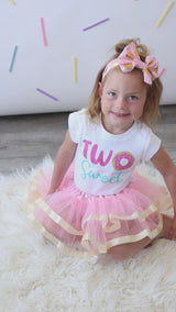 Two Sweet 2nd Birthday Outfit for Girls – Short Sleeve Bodysuit, Pink & Gold Tutu Skirt & Bow Headband Set