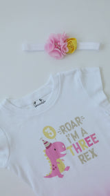Three Rex 3rd Birthday Outfit for Girls – Long Sleeve Pink Dinosaur Shirt, Tutu Skirt & Headband Set