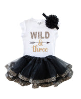 Wild and Three 3rd Birthday Outfit for Girls – Short Sleeve Leopard Print Shirt, Tutu Skirt & Headband Set