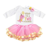 Two Rex 2nd Birthday Outfit for Girls – Pink Dinosaur Long Sleeve Bodysuit, Tutu Skirt & Headband Set
