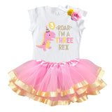 Three Rex 3rd Birthday Outfit for Girls – Short Sleeve Pink Dinosaur Shirt, Tutu Skirt & Headband Set