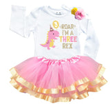 Three Rex 3rd Birthday Outfit for Girls – Long Sleeve Pink Dinosaur Shirt, Tutu Skirt & Headband Set