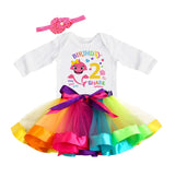 Rainbow Shark 2nd Birthday Outfit for Girls – Long Sleeve Bodysuit, Tutu Skirt & Headband Set