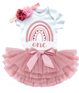 Boho Rainbow Rose 1st Birthday Outfit for Girls – Short Sleeve Bodysuit, Tutu Skirt & Headband Set