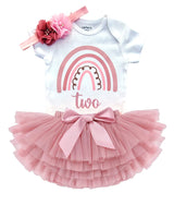 Rainbow Rose 2nd Birthday Outfit for Girls – Short Sleeve Bodysuit, Layered Tutu Skirt & Floral Headband Set