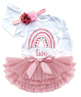 Rainbow Rose 2nd Birthday Outfit for Girls – Long Sleeve Bodysuit, Layered Tutu Skirt & Floral Headband Set