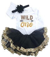 Wild One 1st Birthday Outfit for Girls – Long Sleeve Bodysuit, Leopard Tutu Skirt & Headband Set