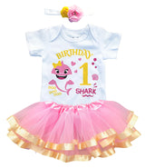 Baby Shark 1st Birthday Outfit for Girls – Short Sleeve Bodysuit, Pink Tutu Skirt & Headband Set