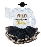 Wild and Three 3rd Birthday Outfit for Girls – Long Sleeve Leopard Print Shirt, Tutu Skirt & Headband Set