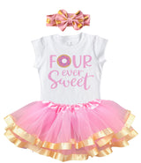 Four Ever Sweet Pink 4th Birthday Outfit for Girls – Short Sleeve Bodysuit, Pink & Gold Tutu Skirt & Bow Headband Set