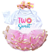 Two Sweet 2nd Birthday Outfit for Girls – Long Sleeve Bodysuit, Pink & Gold Tutu Skirt & Bow Headband Set