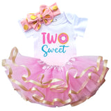 Two Sweet 2nd Birthday Outfit for Girls – Short Sleeve Bodysuit, Pink & Gold Tutu Skirt & Bow Headband Set