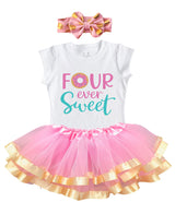 Four Ever Sweet Teal 4th Birthday Outfit for Girls – Short Sleeve Bodysuit, Pink & Gold Tutu Skirt & Bow Headband Set
