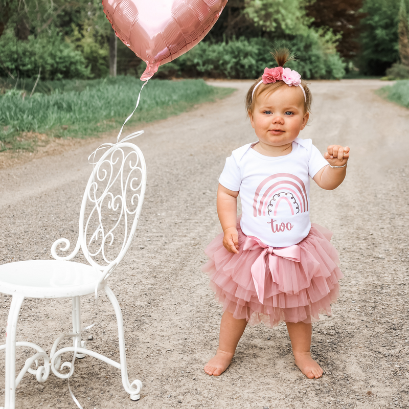 Rainbow Rose 2nd Birthday Outfit for Girls – Short Sleeve Bodysuit, Layered Tutu Skirt & Floral Headband Set